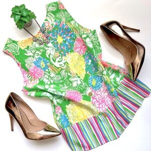 Lilly Pulitzer Iona Button Back Silk Tank Top Pink Green Hibiscus Stroll Floral